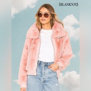 Blank NYC Faux Fur Cropped Bomber Jacket w/ Faux Leather Buckle Details